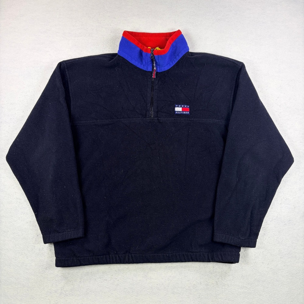 Vintage Tommy Hilfiger Quarter Zip Fleece Pullover Black Colorblock Mens Large